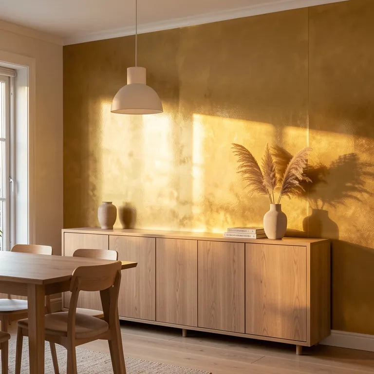 Gold metallic laminate with glossy finish and raised circular pattern.
