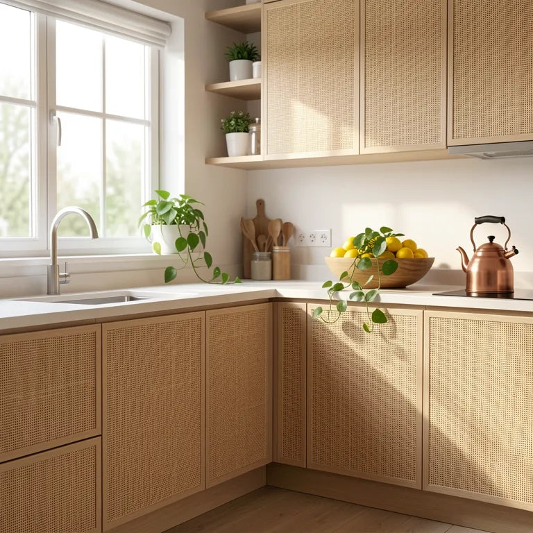Beige laminate with textured cane pattern and subtle grid-like weave design.