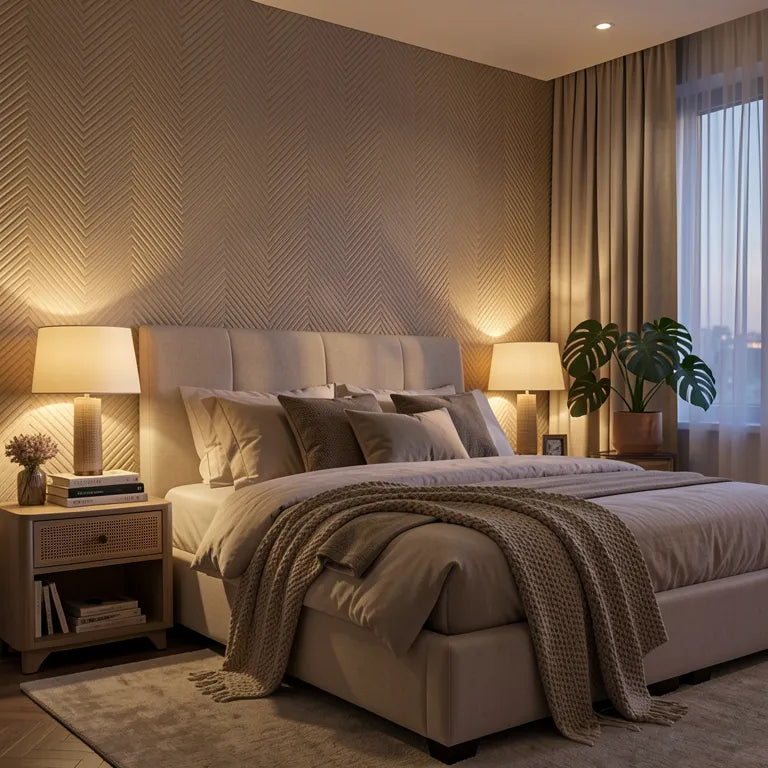 Beige laminate with textured cane pattern and subtle grid-like weave design.