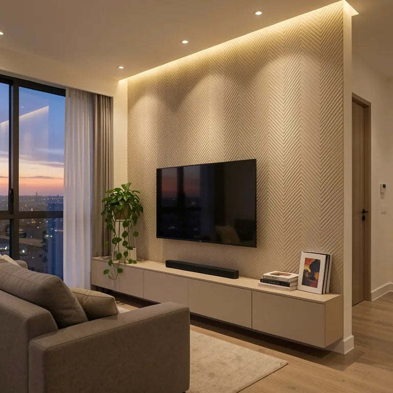 Beige matte laminate with a geometric chevron pattern and diagonal grain direction.