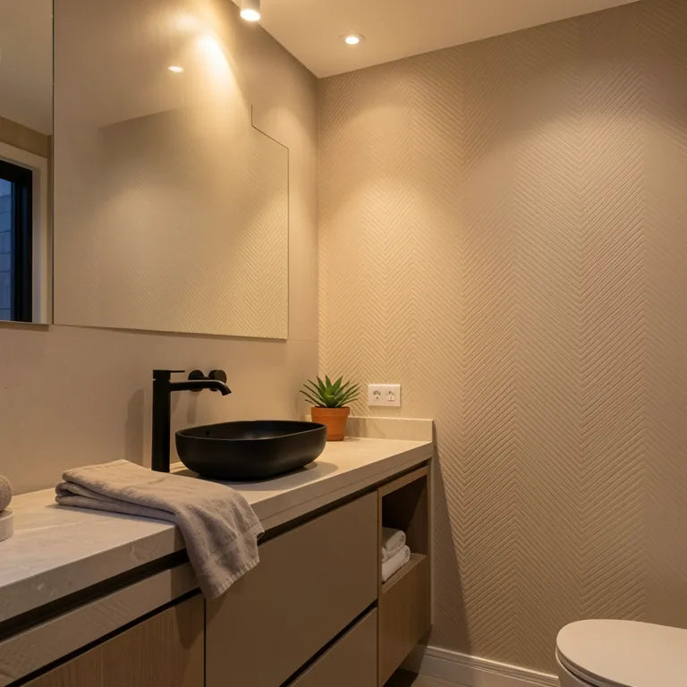 Beige matte laminate with a geometric chevron pattern and diagonal grain direction.
