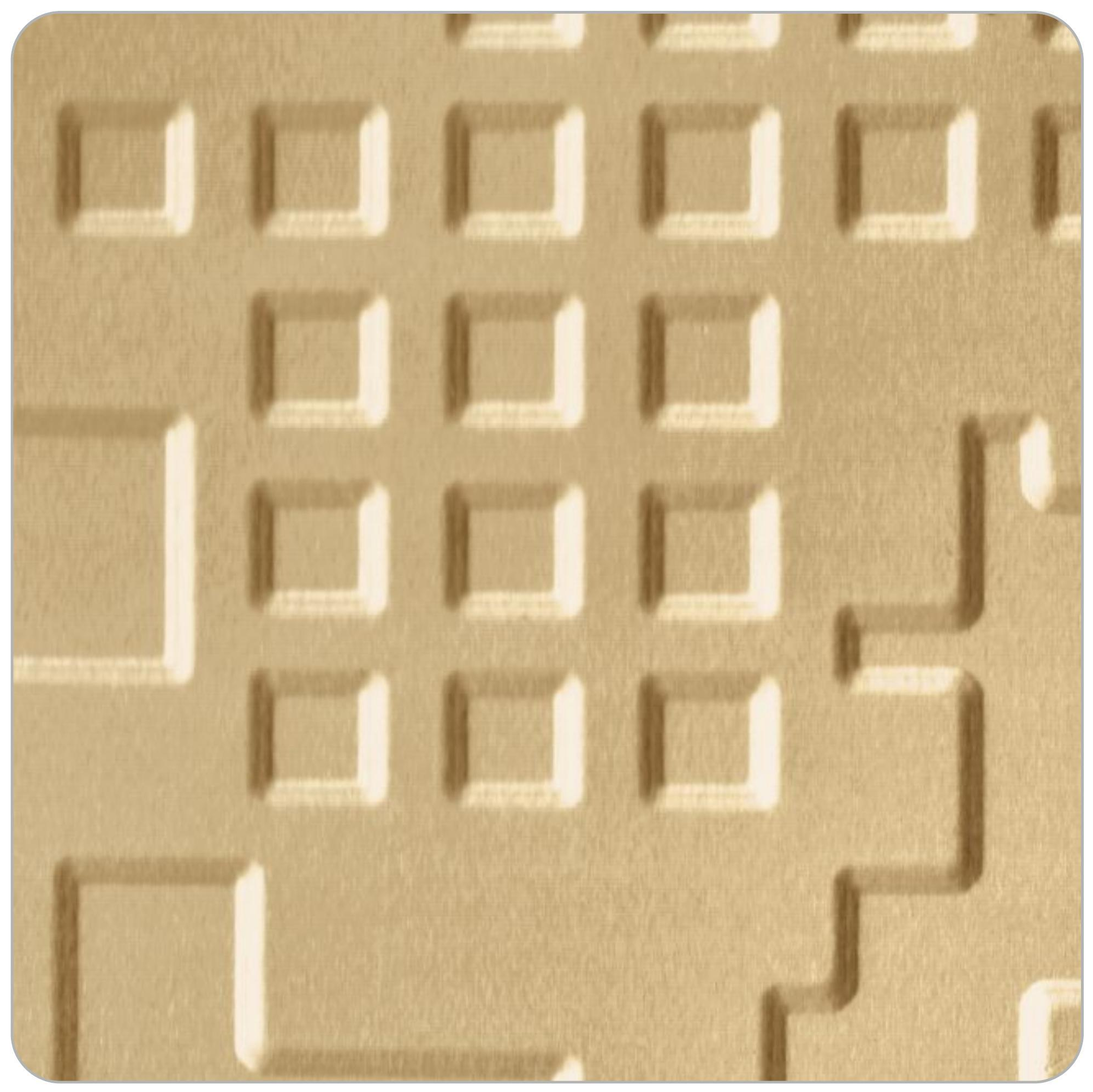 Beige laminate with textured geometric pattern and square indentations.