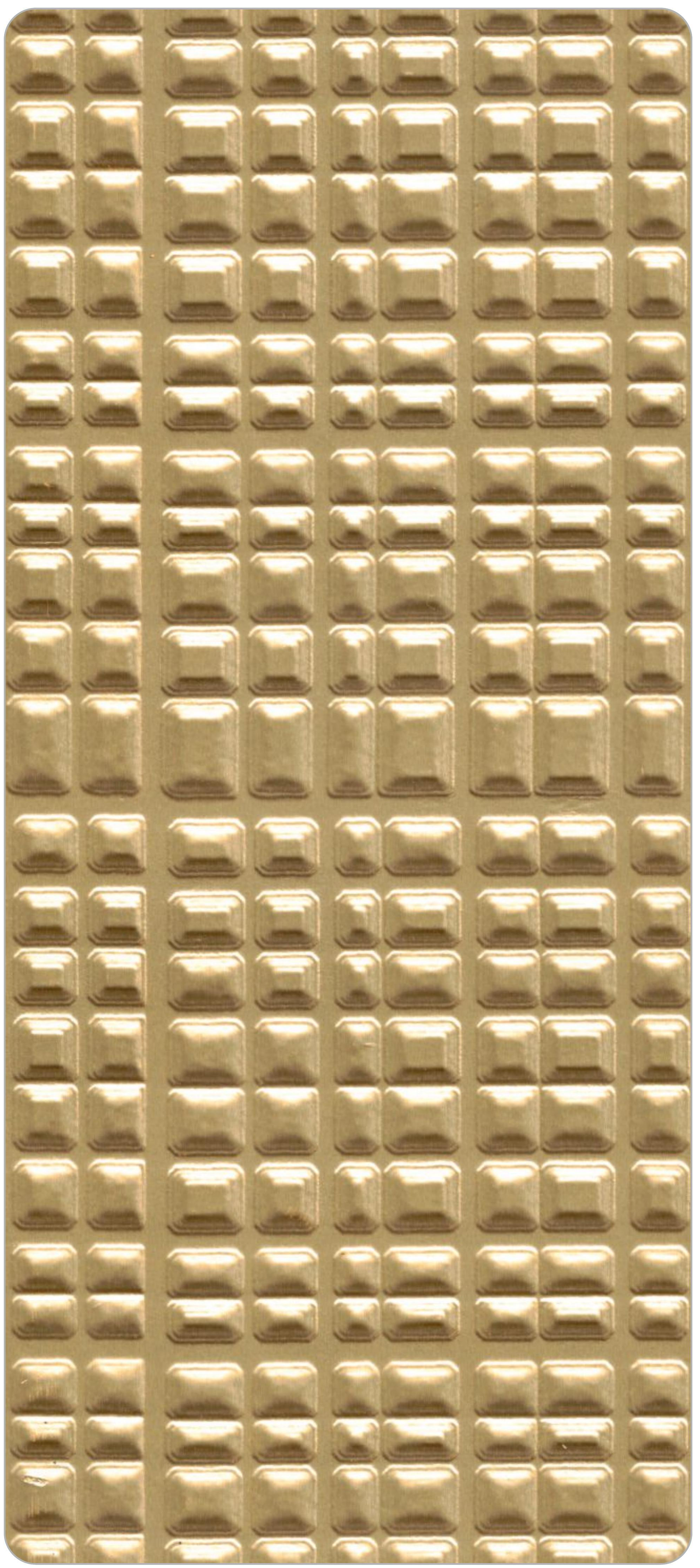Gold laminate with high-gloss finish and geometric pattern of raised squares.