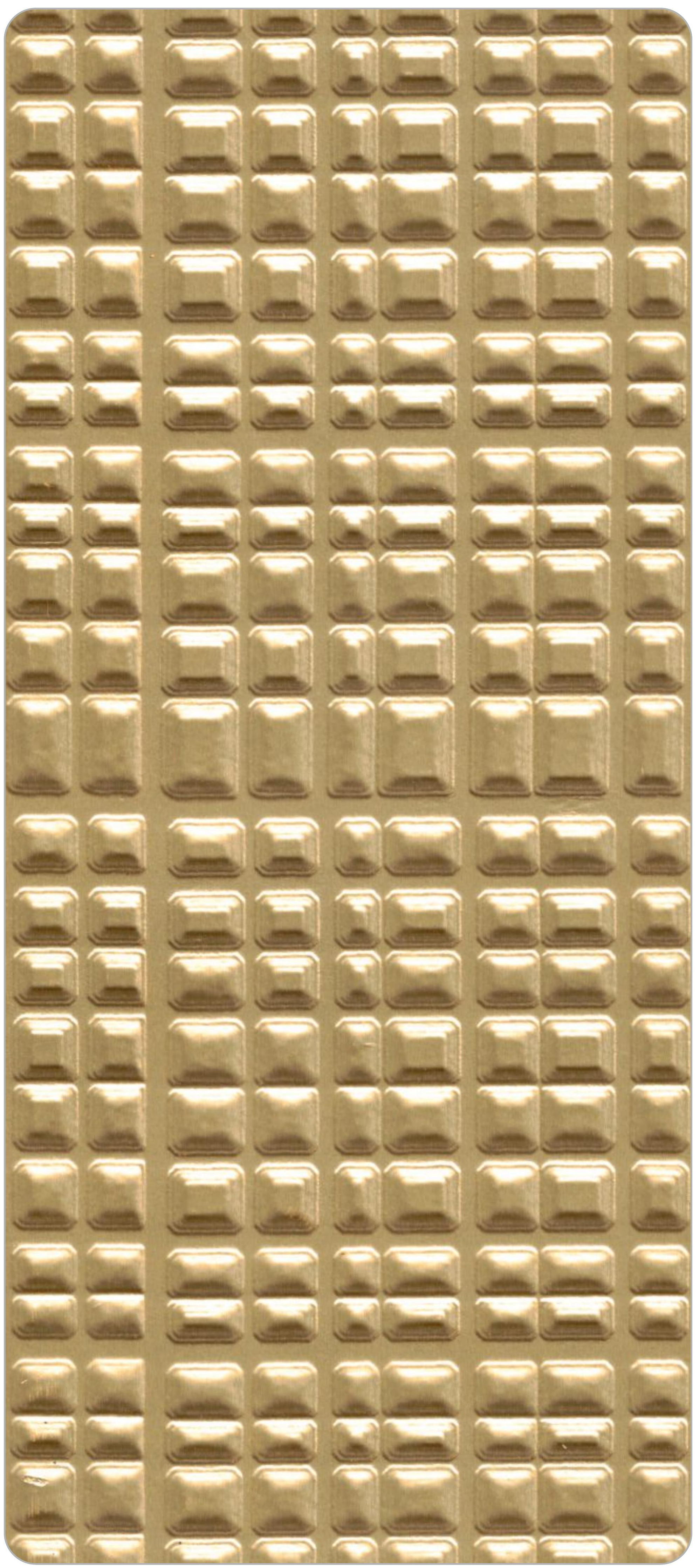 Gold laminate with high-gloss finish and geometric pattern of raised squares.