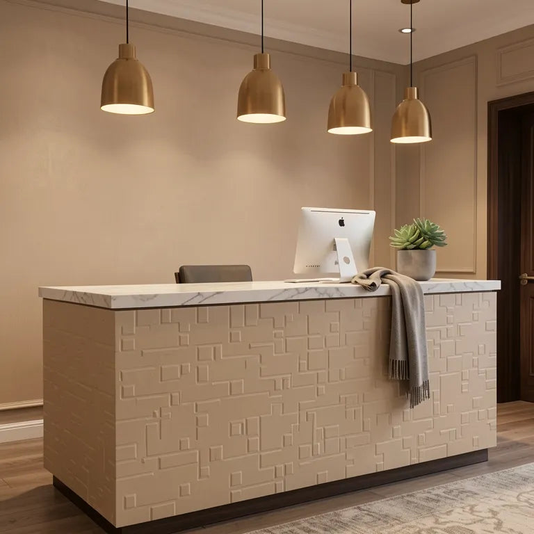 Beige laminate with textured geometric pattern and square indentations.