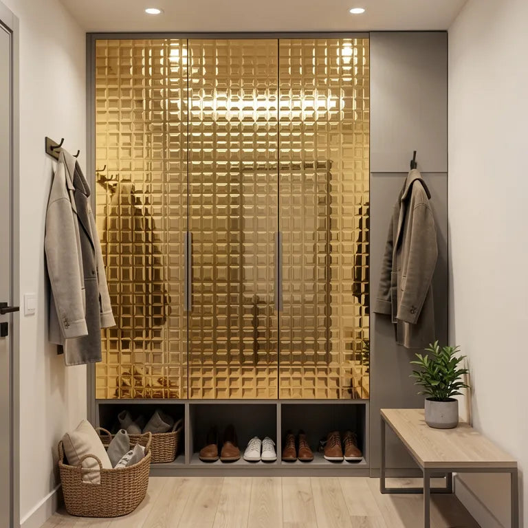 Gold laminate sheet with glossy, raised, square pattern and smooth background.