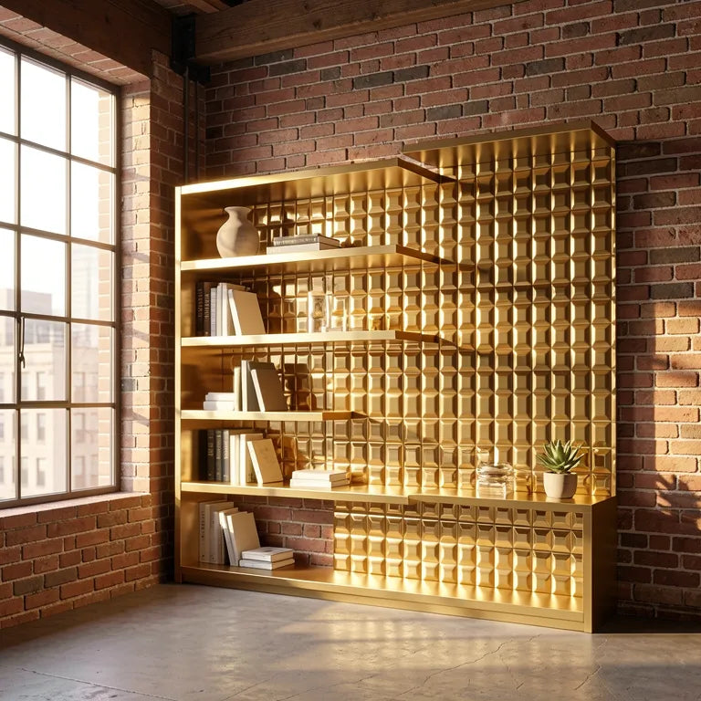 Gold laminate sheet with glossy, raised, square pattern and smooth background.
