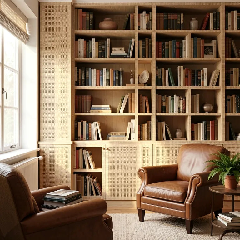 Beige textured laminate with a woven cane pattern and subtle sheen.