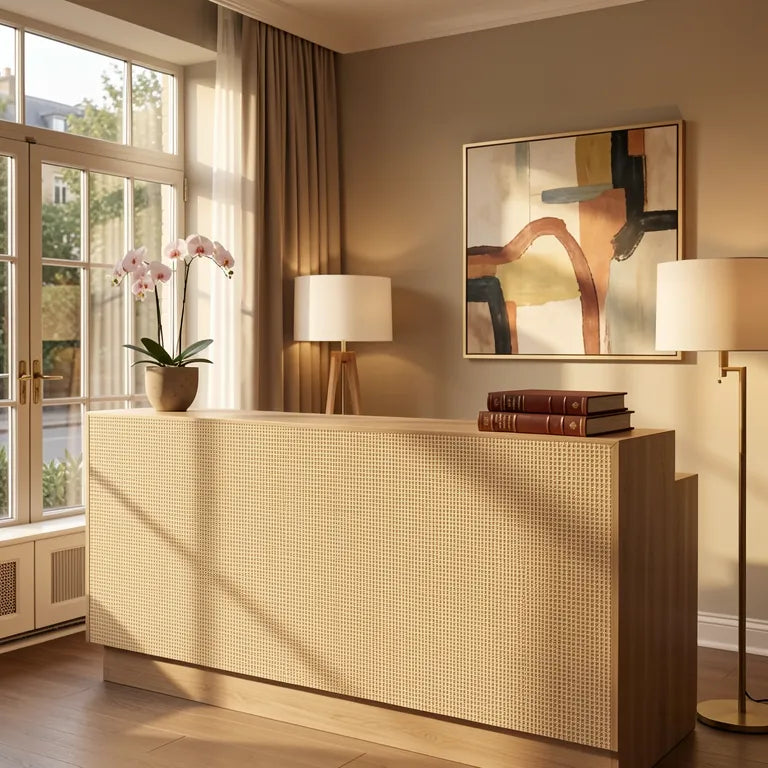 Beige textured laminate with a woven cane pattern and subtle sheen.