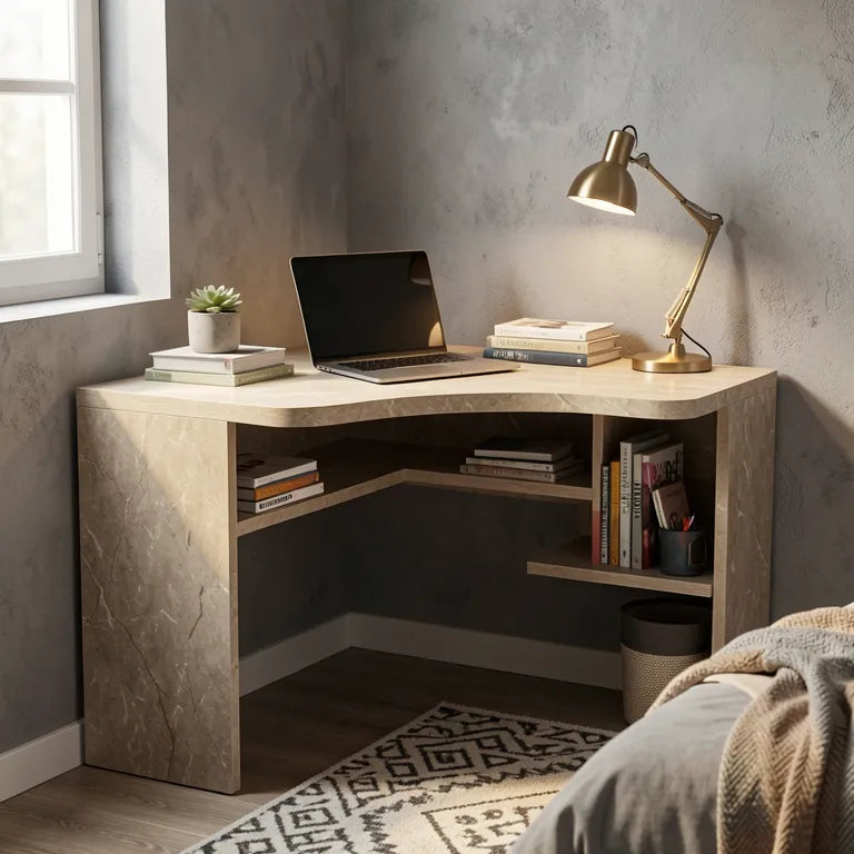 Beige textured laminate with marble-like pattern and rough, uneven surface finish.