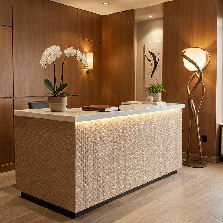 Beige laminate sheet with textured, embossed circular pattern and smooth sheen.