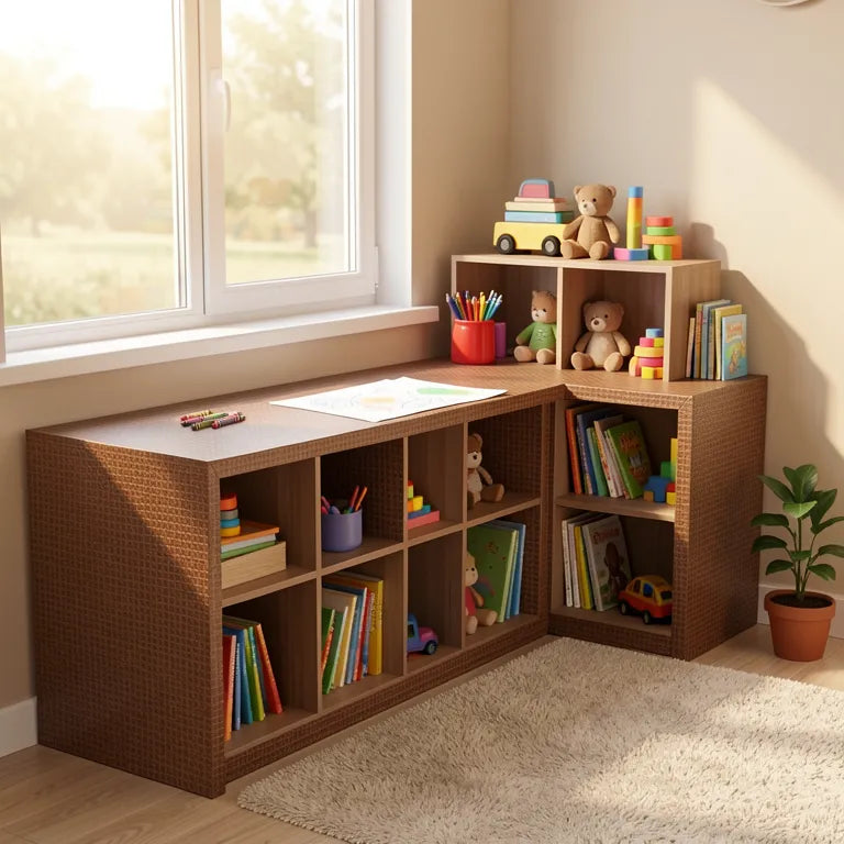 Brown matte laminate with a woven cane pattern and textured surface.