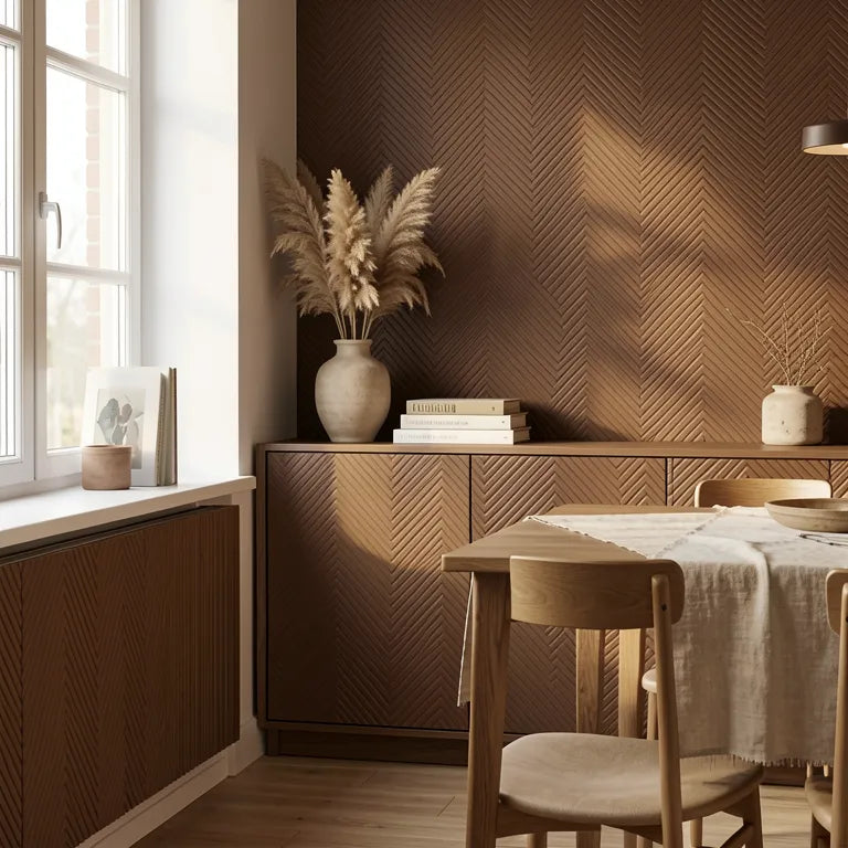 Brown matte laminate with chevron pattern and white accents.