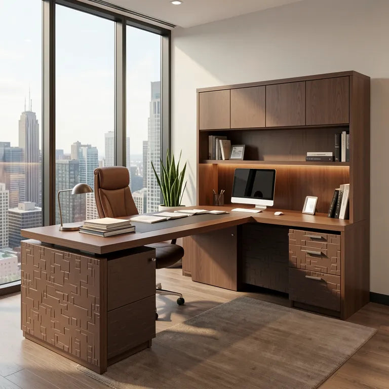 Brown matte laminate with geometric design and embossed pattern.