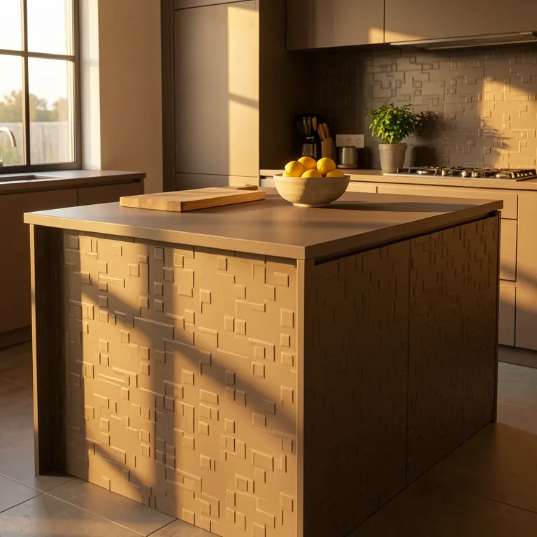 Brown matte laminate with geometric design and embossed pattern.