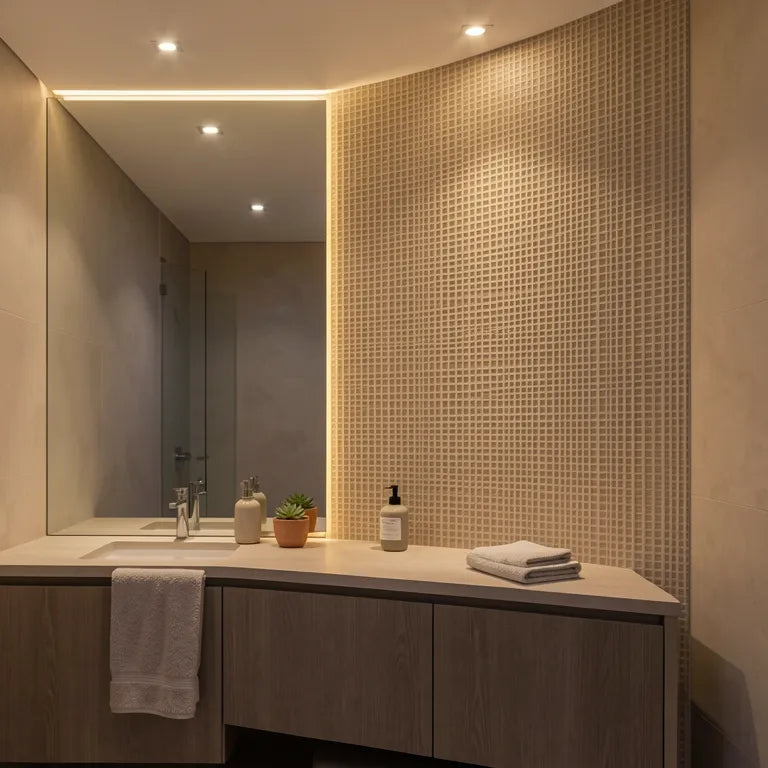 Beige laminate sheet with textured, grid pattern and subtle sheen finish.