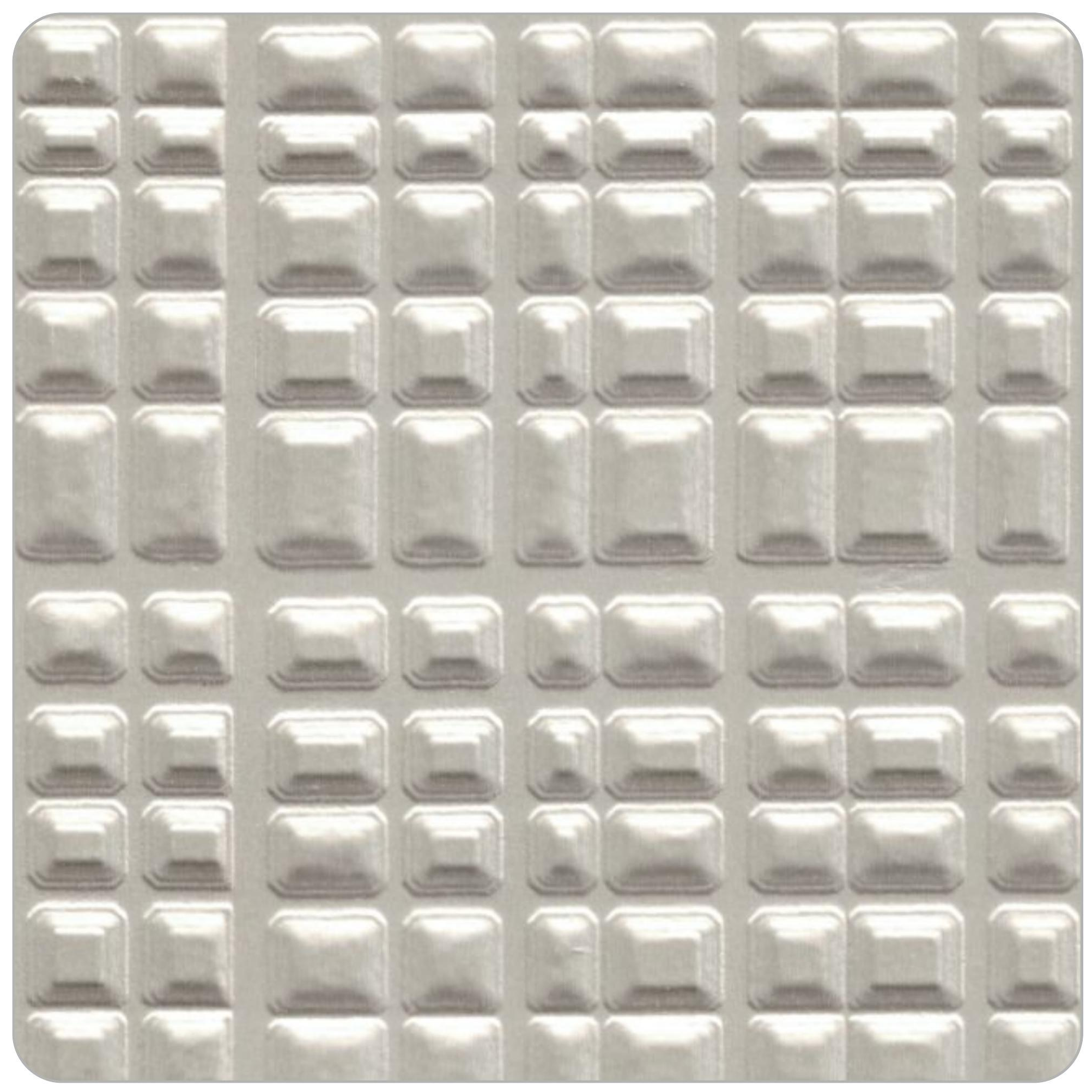 Silver laminate with glossy, geometric pattern of raised rectangular shapes.