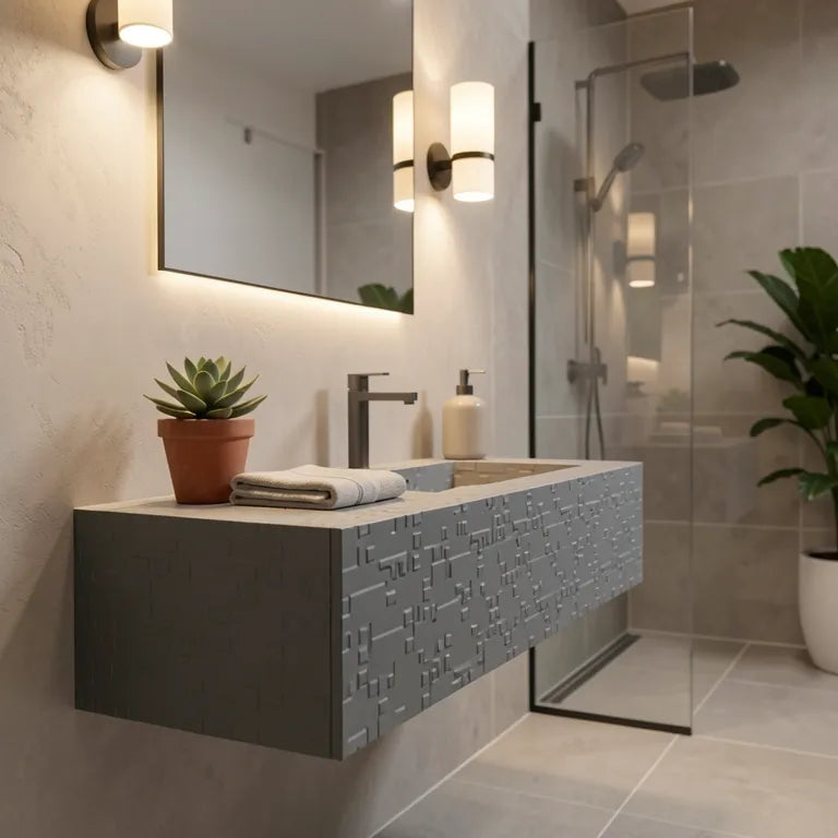 Grey laminate with textured, embossed geometric pattern and matte finish.