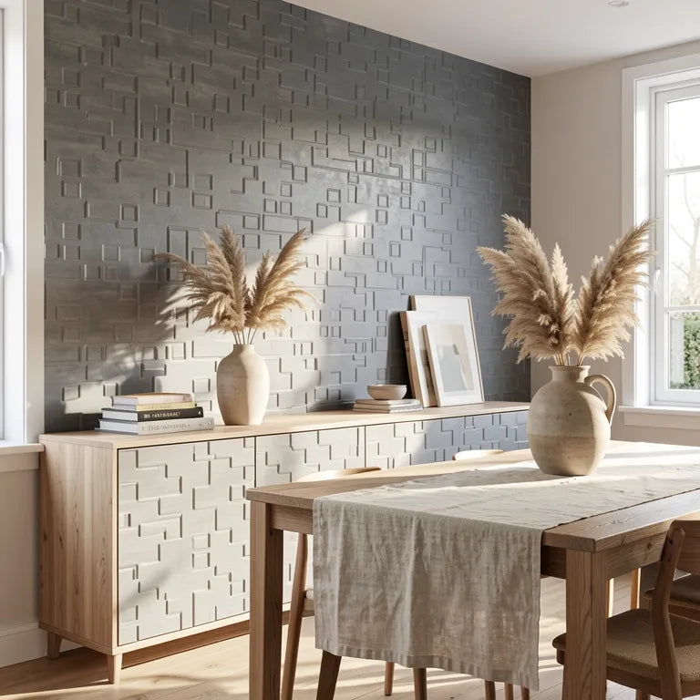 Grey laminate with textured, embossed geometric pattern and matte finish.