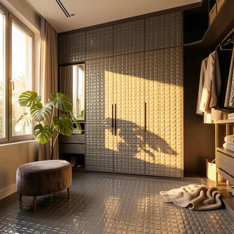 Grey glossy laminate with geometric pattern of raised rectangular shapes.