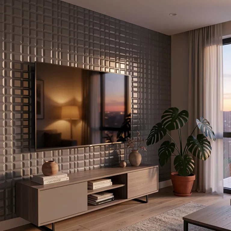 Grey glossy laminate with geometric pattern of raised rectangular shapes.