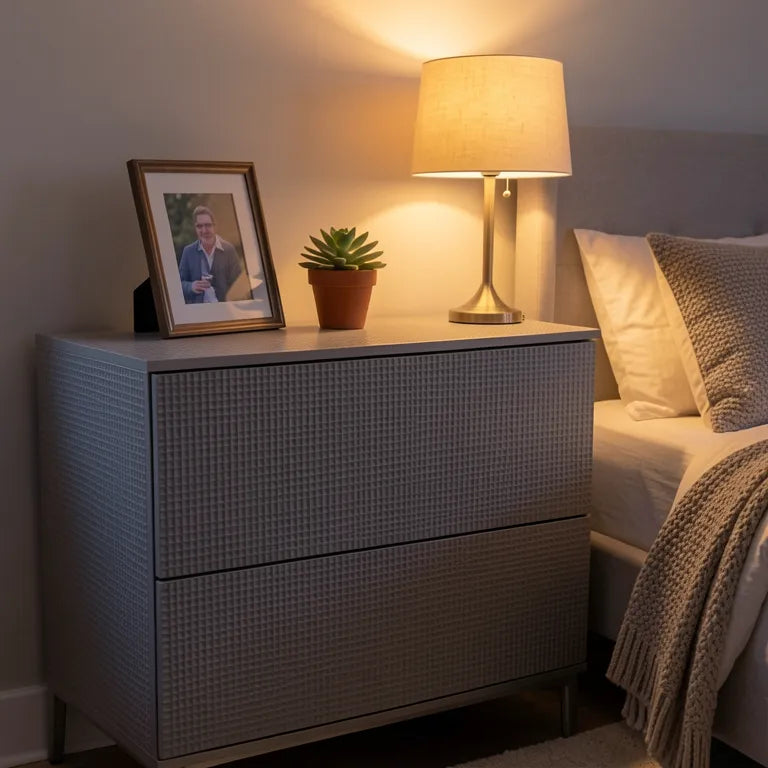Grey laminate with a geometric grid pattern and textured finish.