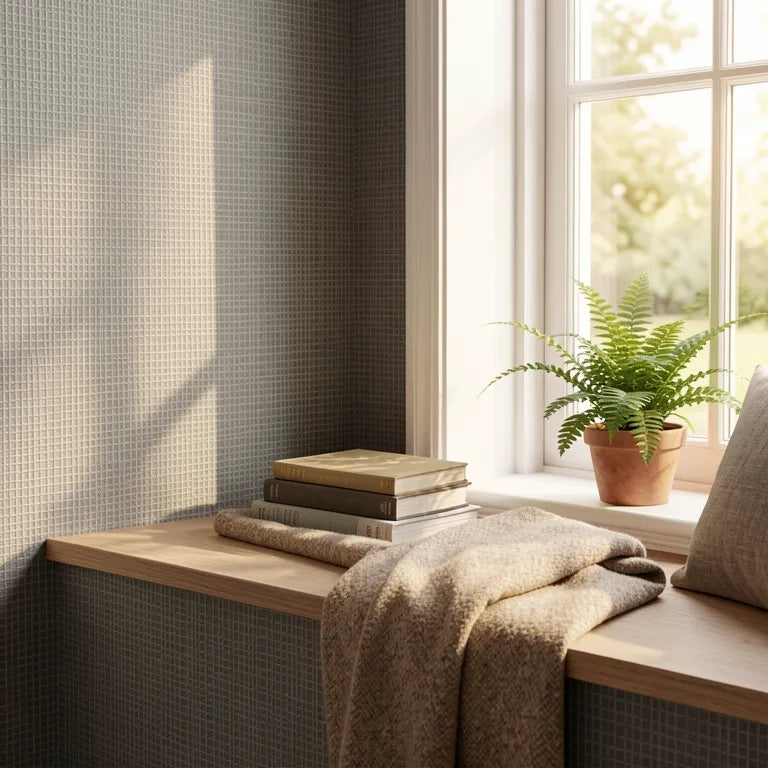 Grey laminate with a geometric grid pattern and textured finish.