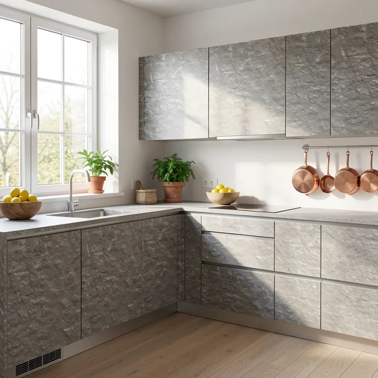 Grey textured laminate with rough, uneven surface and subtle marble-like pattern.