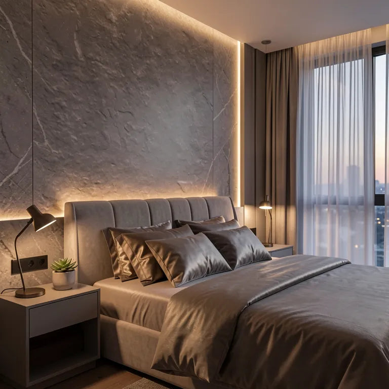 Grey textured laminate with rough, uneven surface and subtle marble-like pattern.