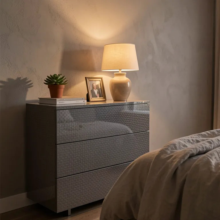 High gloss grey laminate with geometric pattern of raised circular dots.
