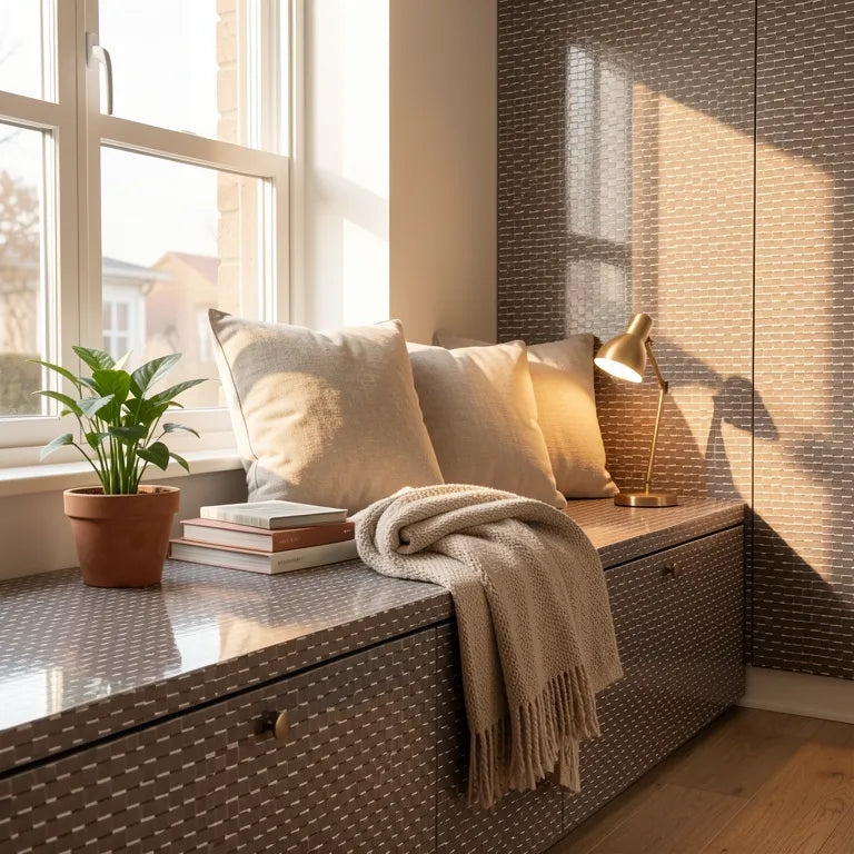 High gloss grey laminate with geometric pattern of raised circular dots.