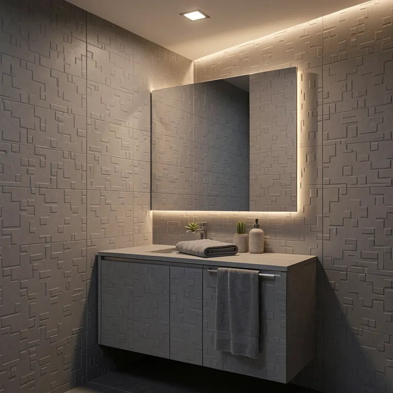 Grey laminate with textured geometric pattern and embossed design.