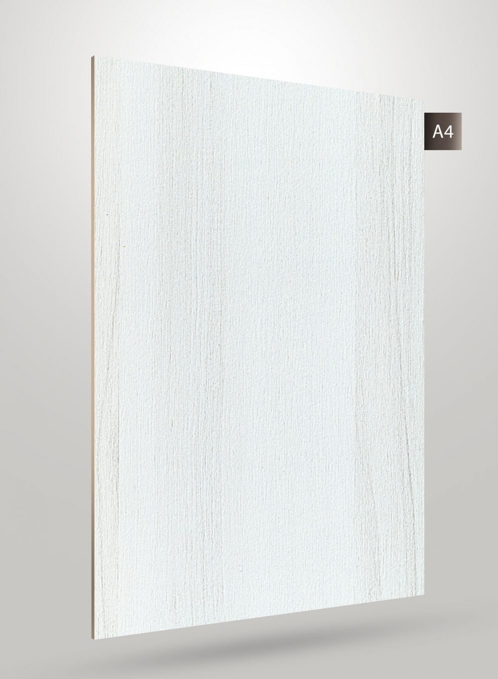 White wood grain decorative laminate with matte finish and visible texture, shown on a gray background with code label.