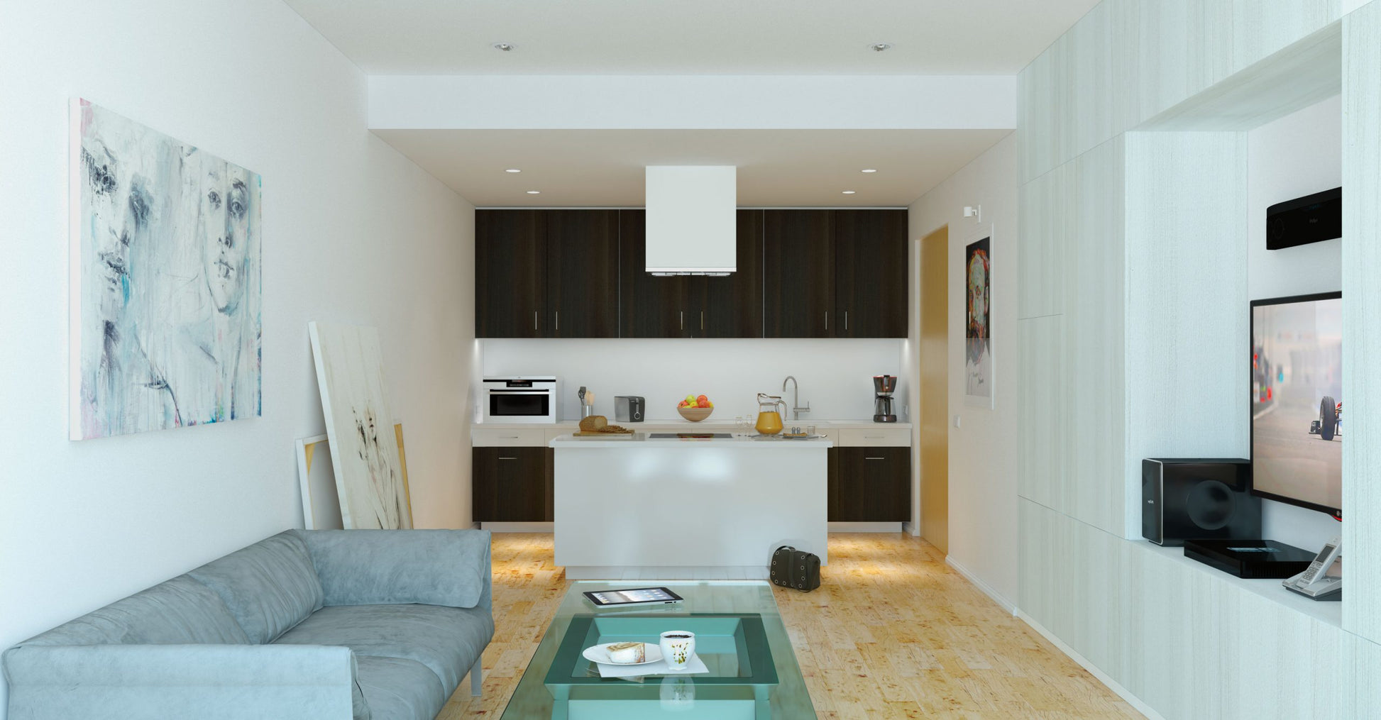 White wood grain laminate wall and light wood floor in modern living space with kitchen and furniture.