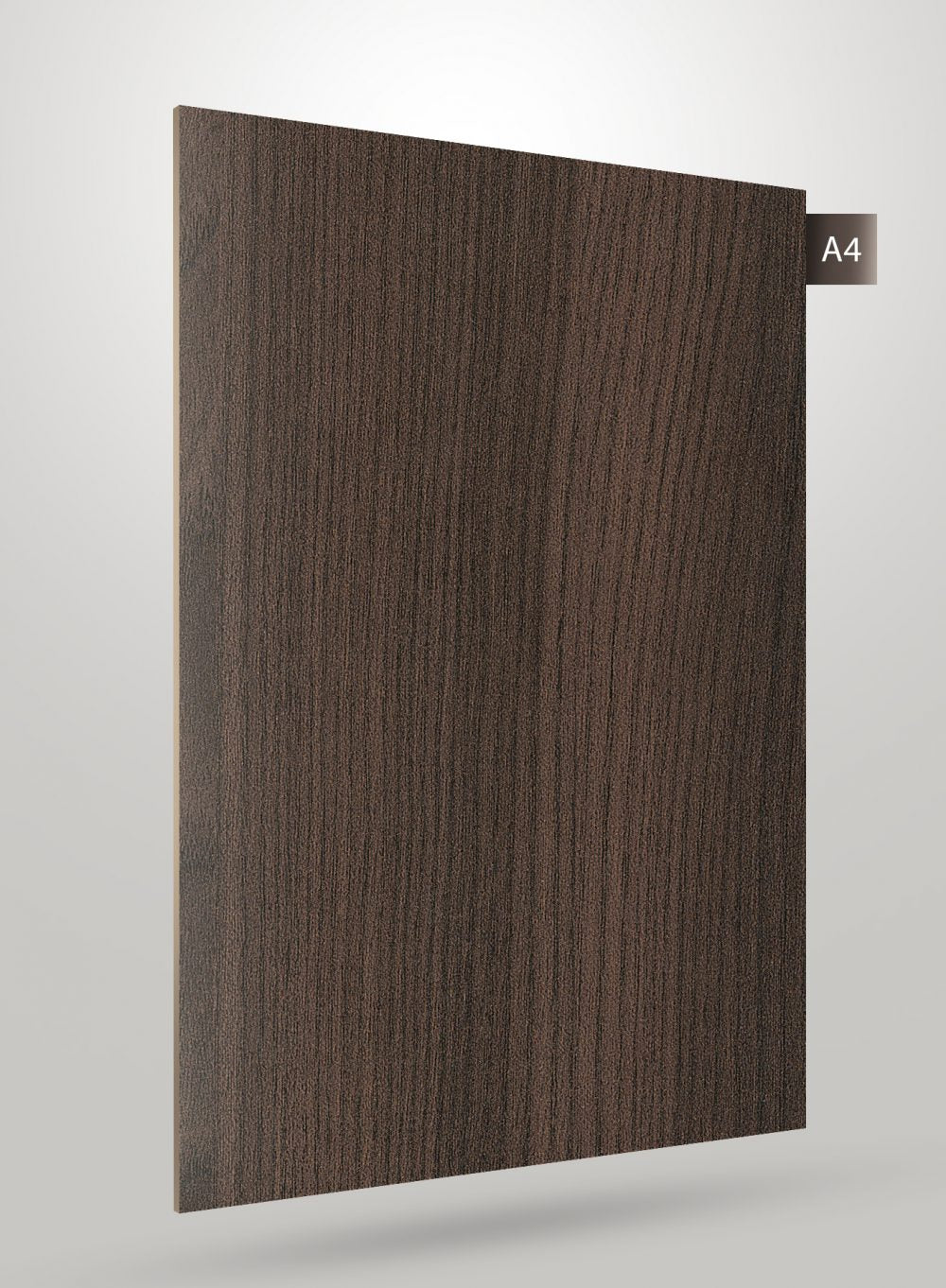 Brown wood grain decorative laminate with matte finish and vertical wood texture pattern.