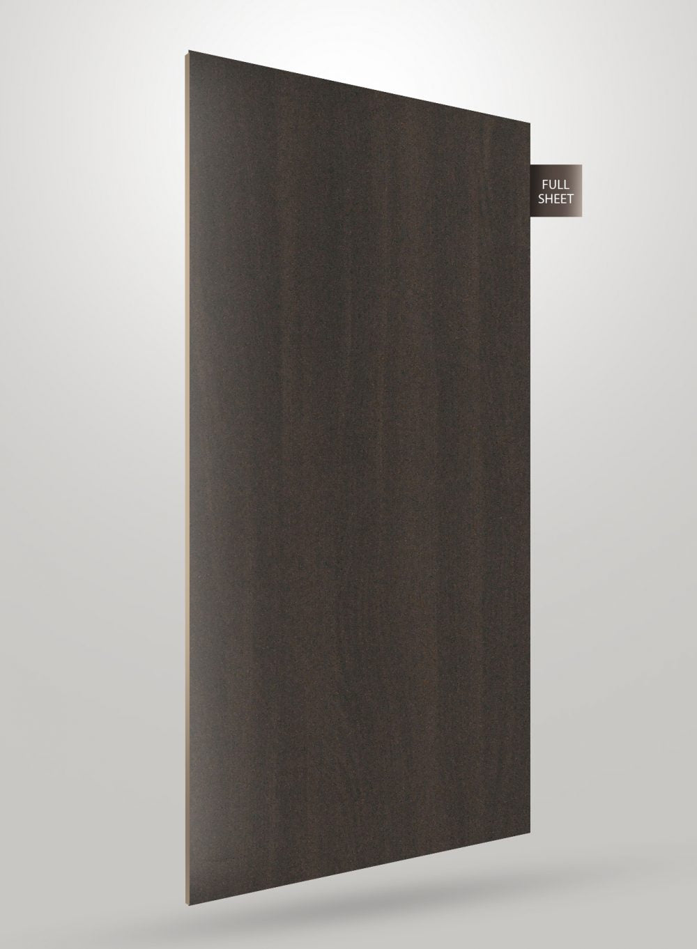 Brown wood grain decorative laminate sheet with matte finish and visible wood texture, labeled full sheet.