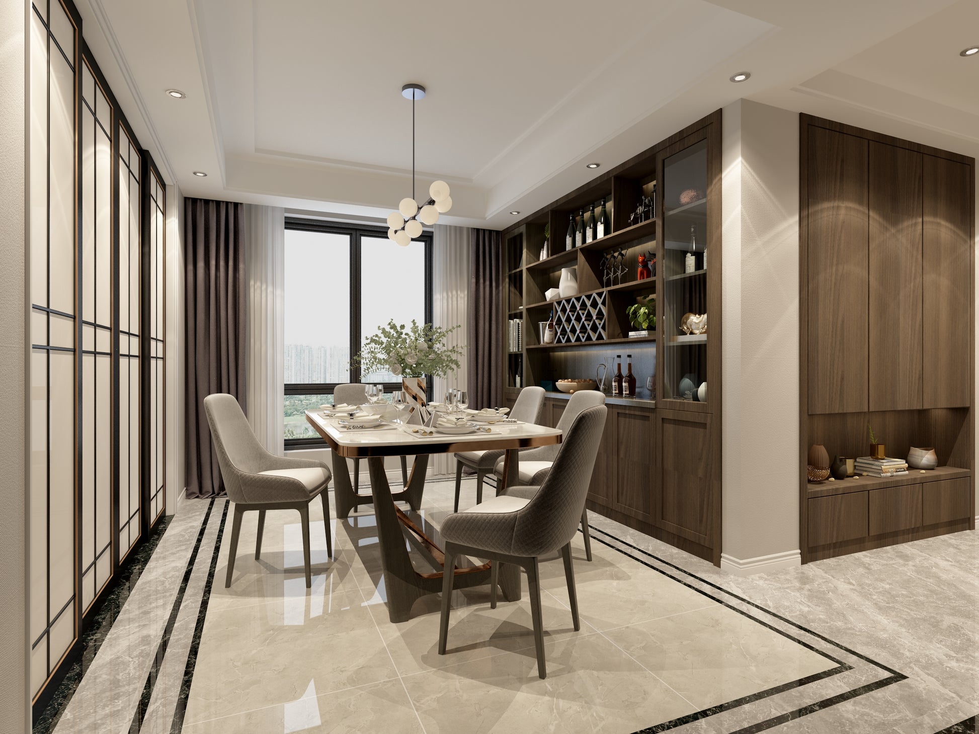 Brown wood laminate used on dining area cabinetry and shelving with matte finish and wood grain texture in modern interior