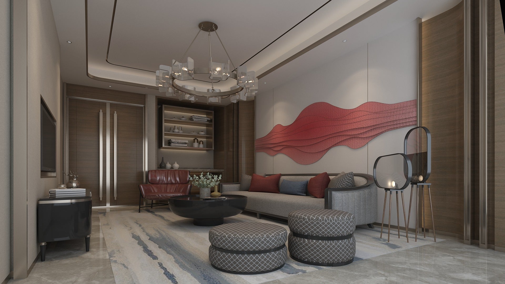 Modern living room with leather laminate wall panels and gray sofa, featuring red wave art and minimalist decor.