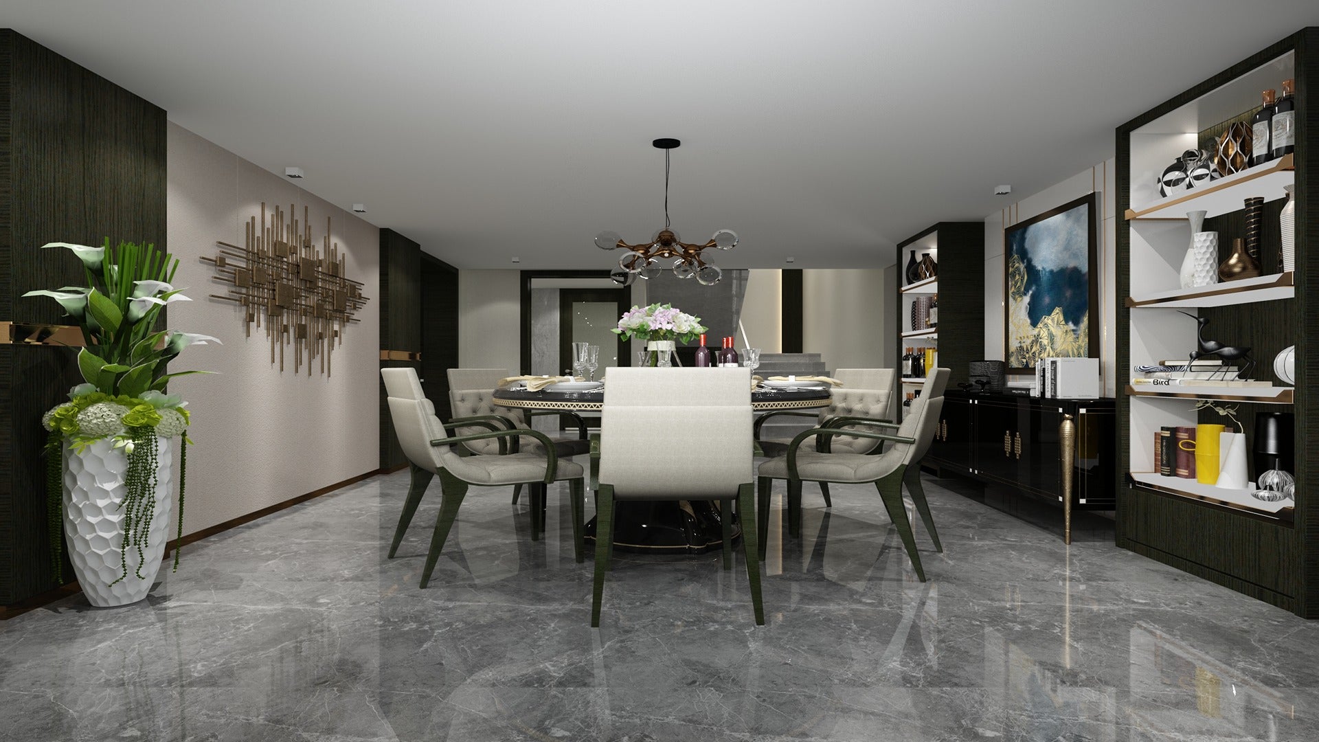 Multi-colored patterned laminate in modern dining room with dark wood accents and marble floor, showcasing matte finish