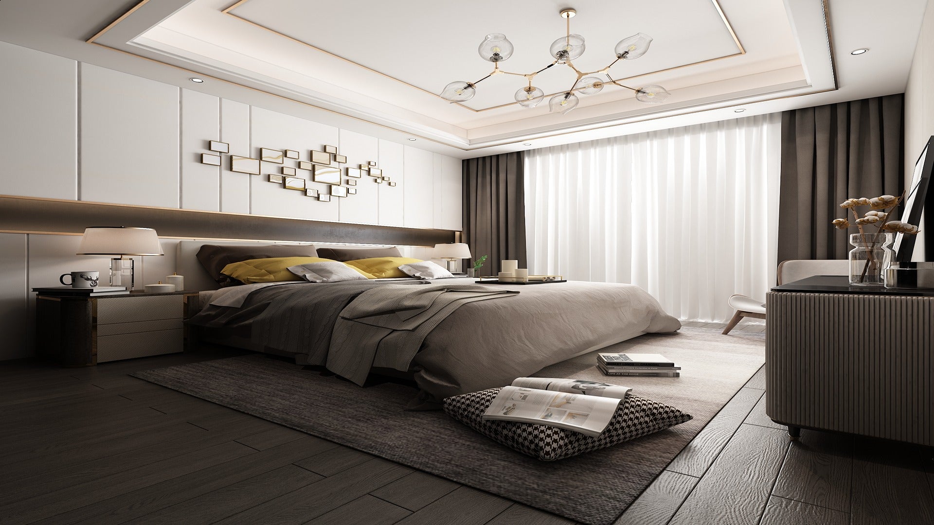 White leather laminate wall panels with matte finish in a modern bedroom setting with decorative elements and furniture.