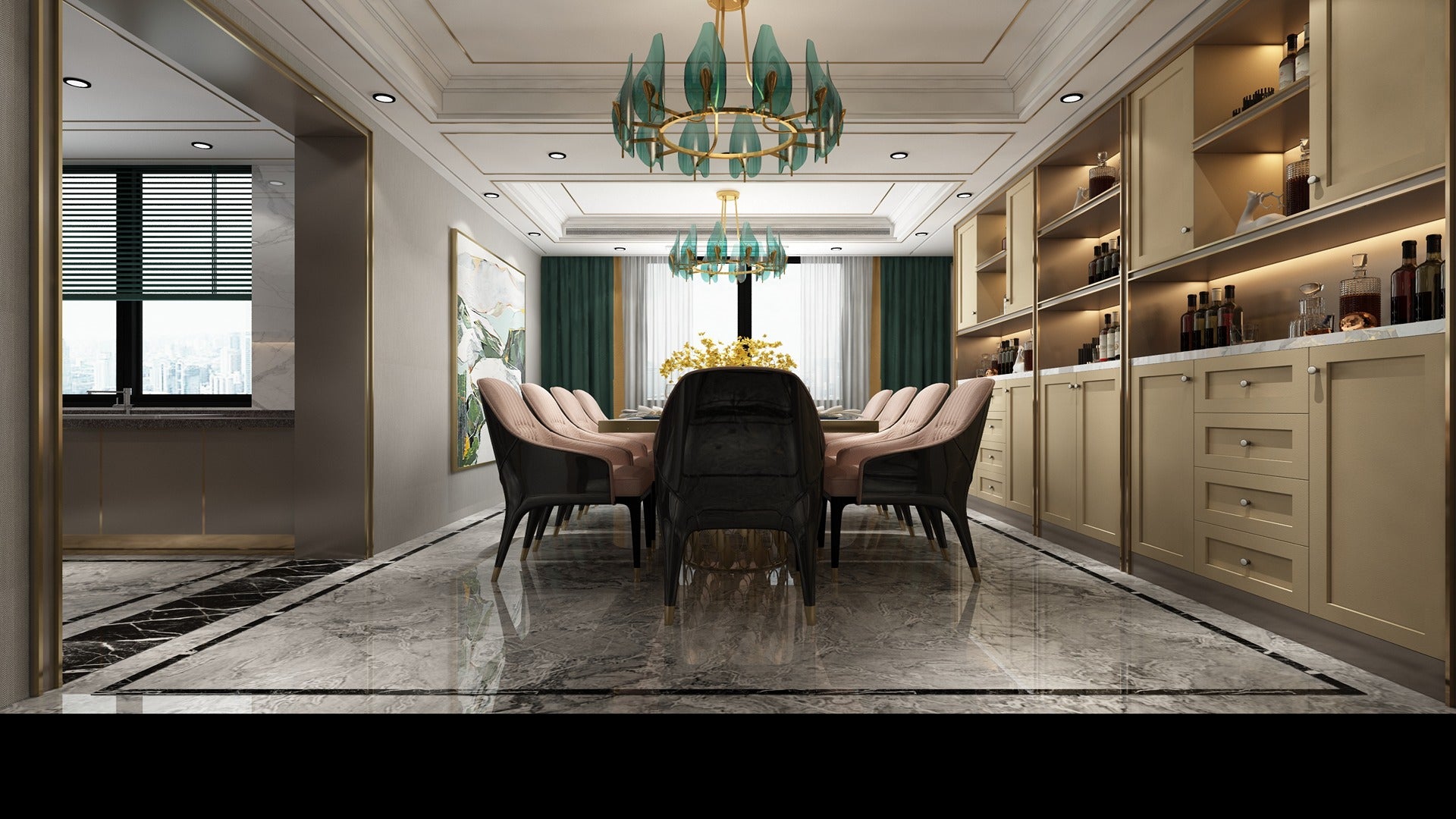 Beige leather laminate used on wall in modern dining room with chandelier and marble flooring