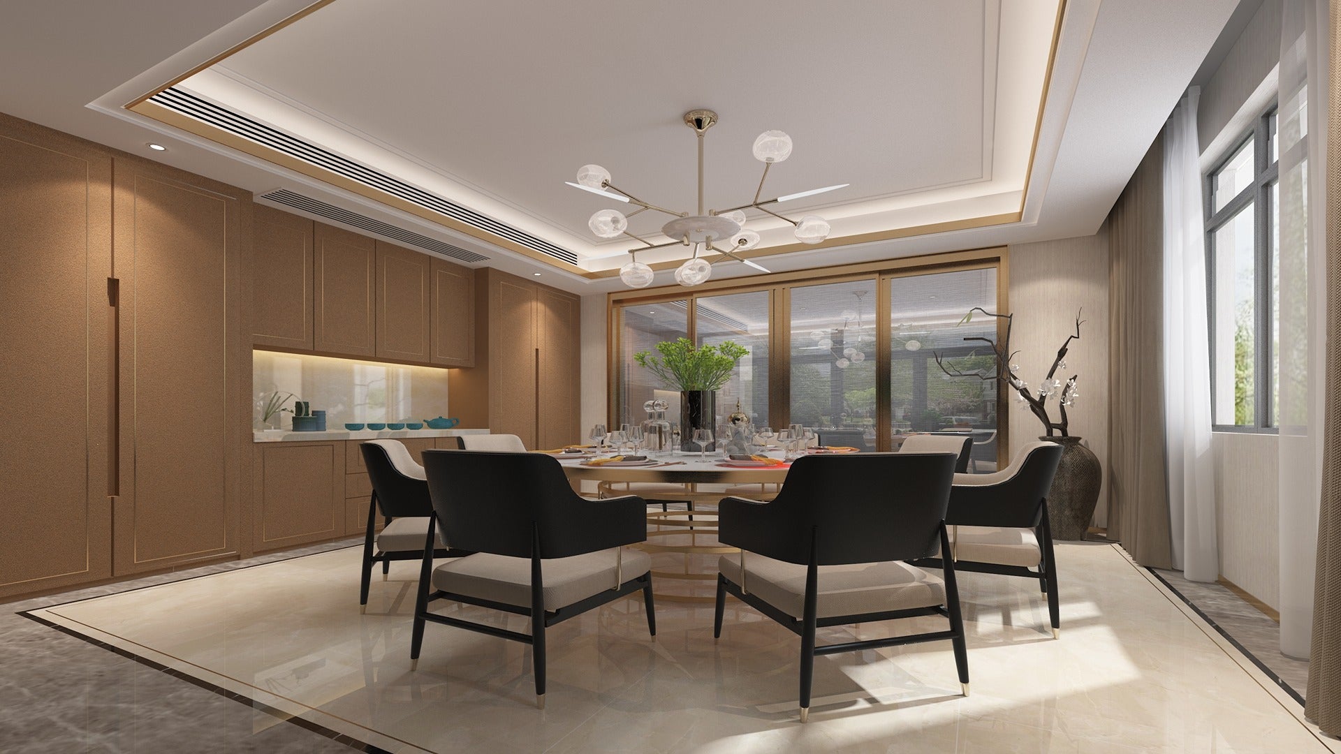 Wood laminate wall panels in dining room with matte finish and wood grain texture on cabinets and wall lining.