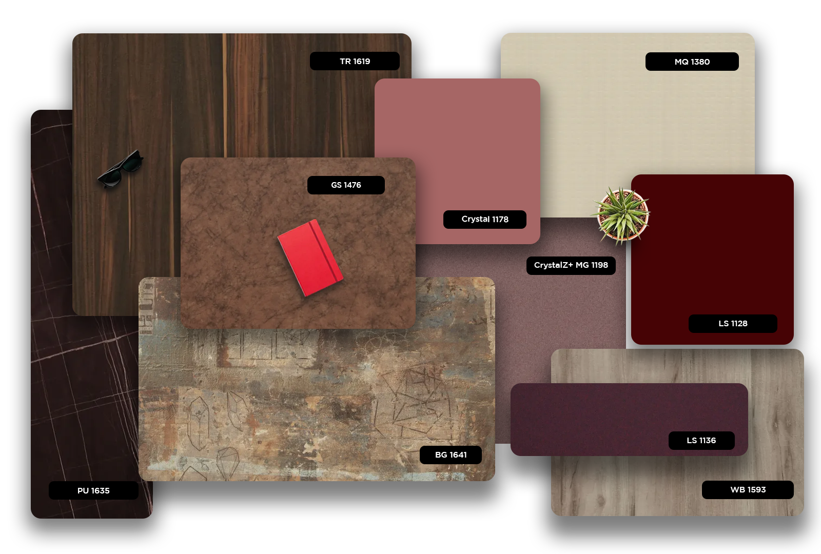 Multicolored luxury laminate samples with various textures and patterns, showcasing different finishes and designs for