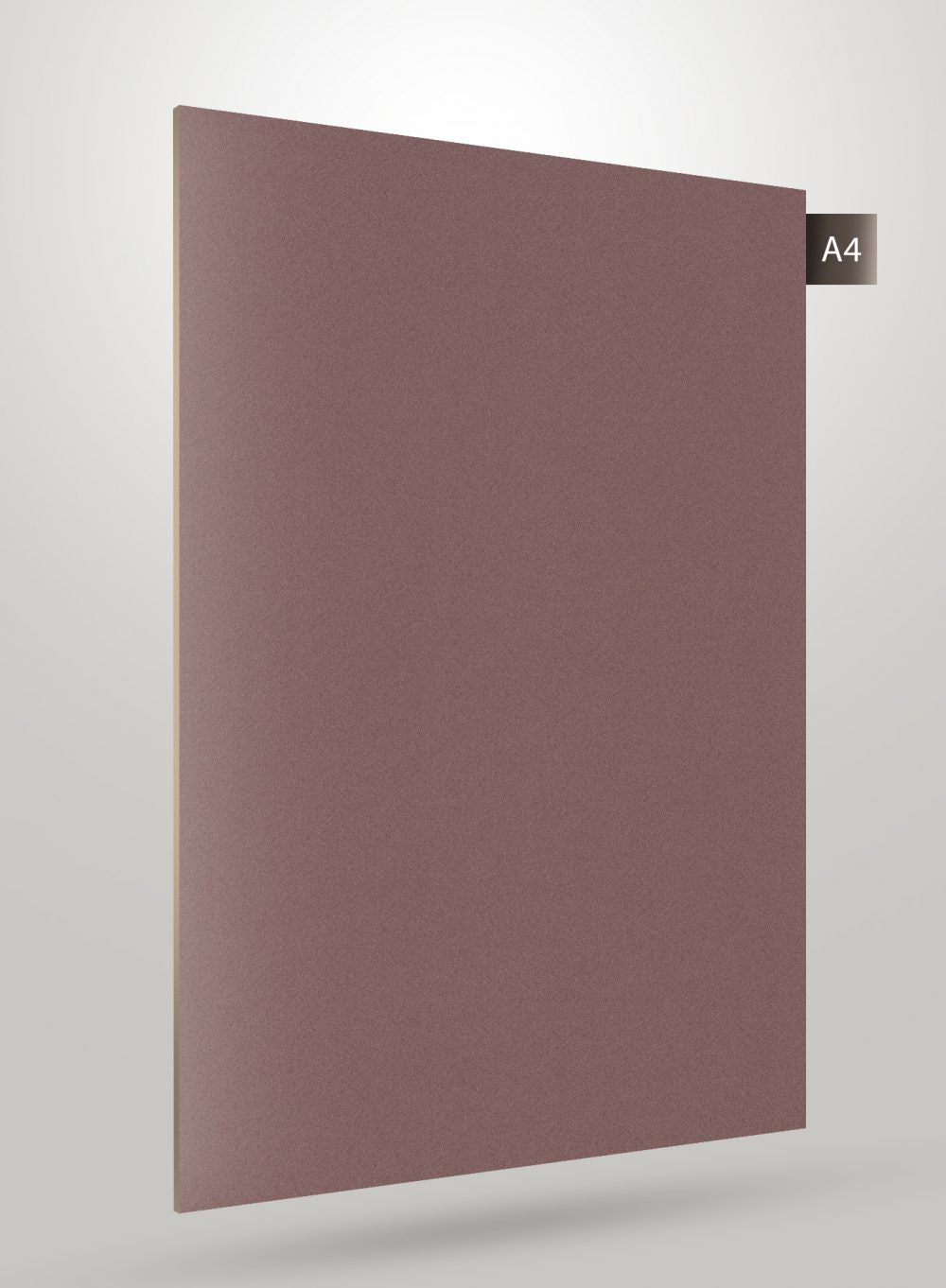 Matte brown laminate sheet with subtle texture and label A4 indicating sample or reference code for luxury design interior