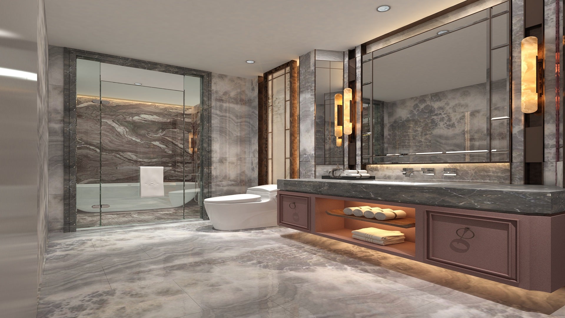 Multi-colour marble laminate in bathroom setting with grey swirling pattern and matte finish on walls and floor.