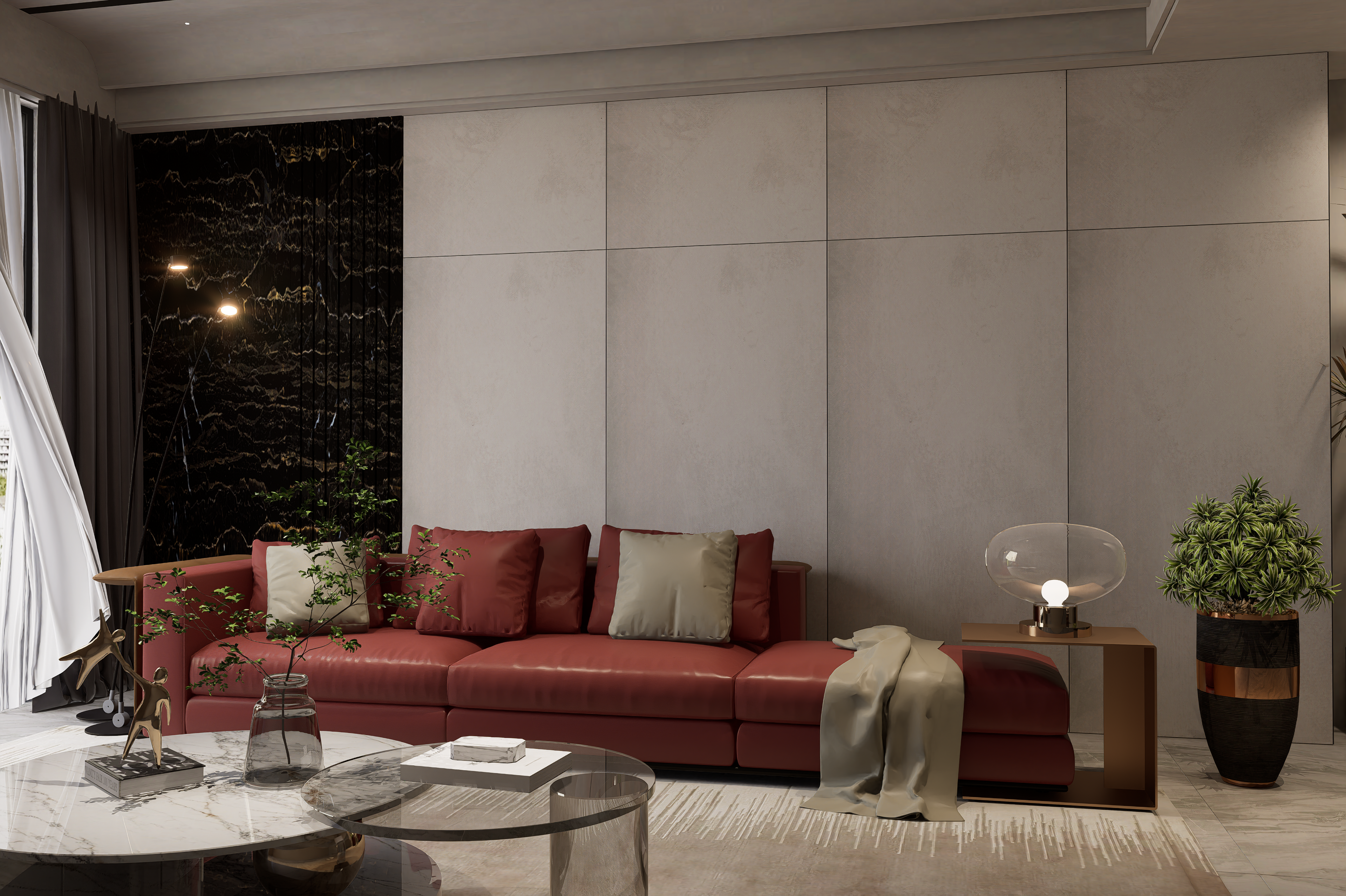 Ivory marble laminate wall panels with matte finish in a modern living room with red sofa and decor accents