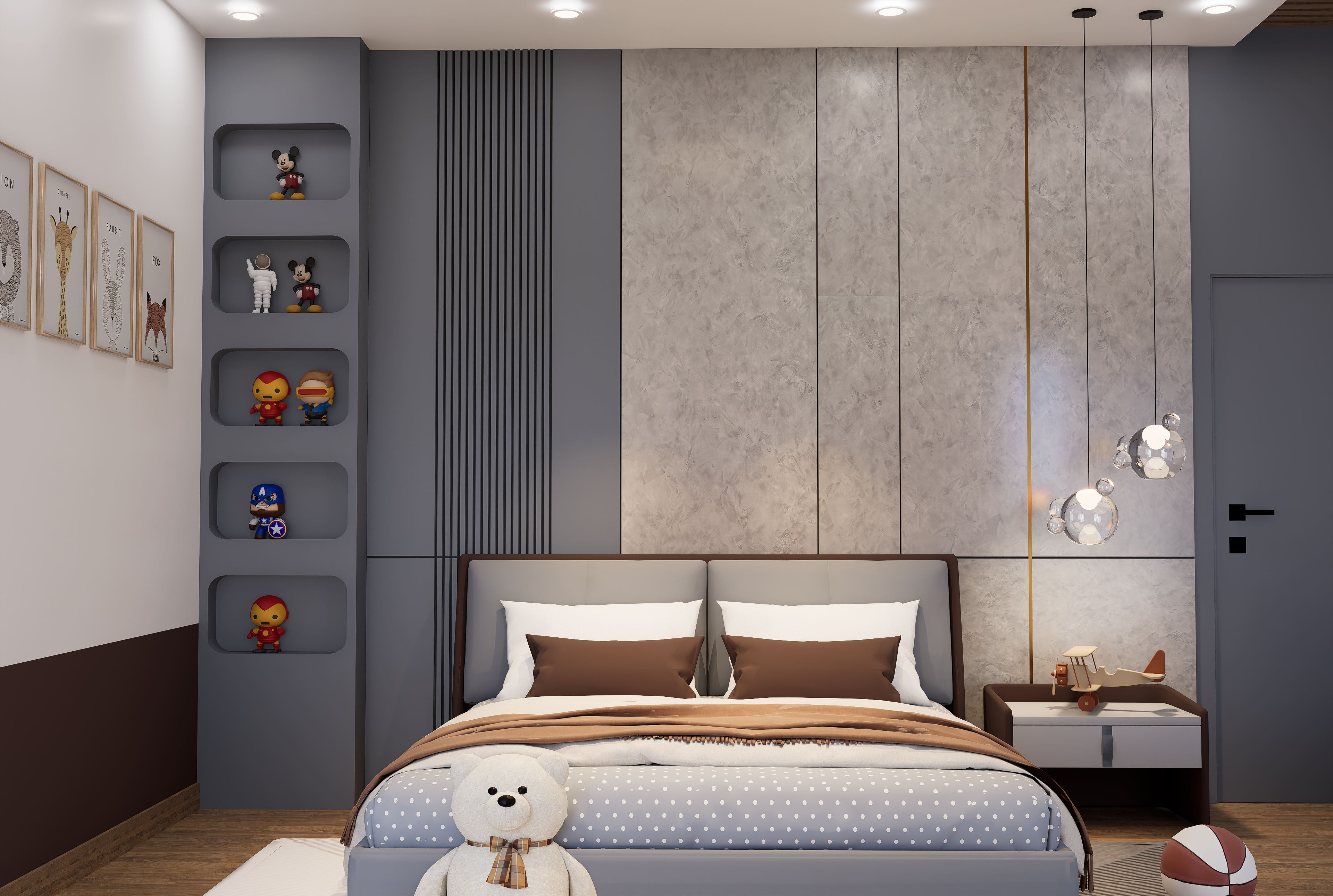 Grey marble laminate wall panels with matte finish in a modern bedroom interior design setting
