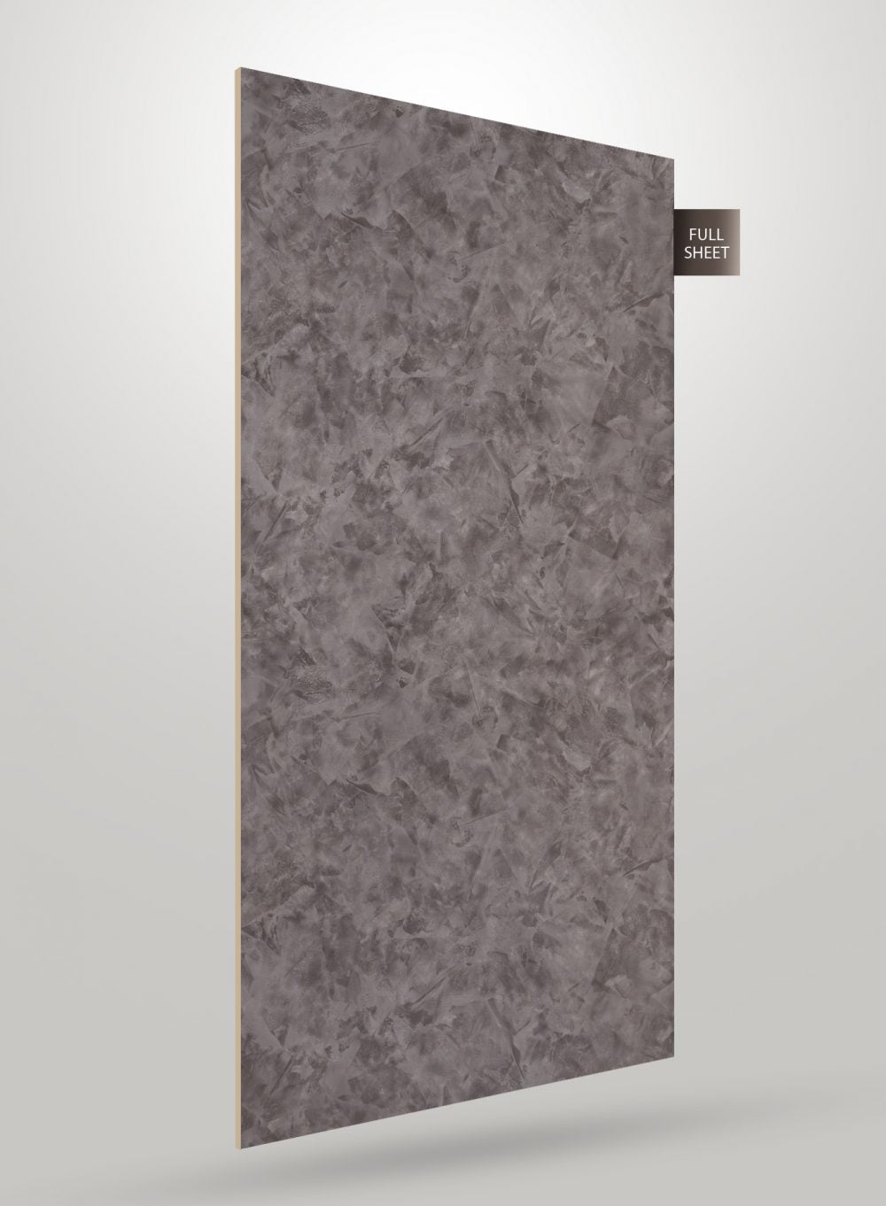 Grey marble laminate sheet with matte finish and textured pattern, displayed as full sheet with visible edge.