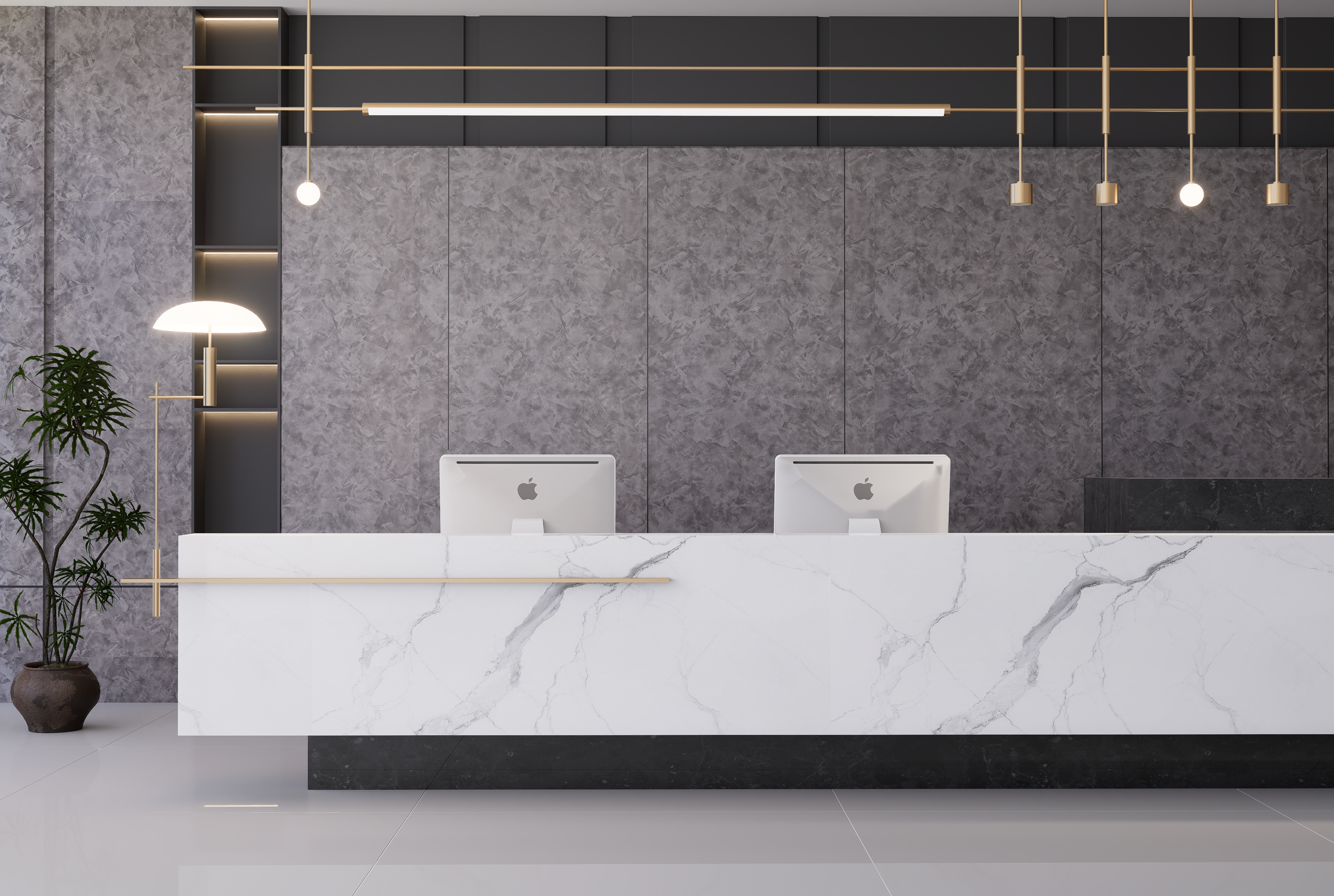 Grey marble laminate wall with matte finish in modern office reception area with sleek furniture and gold accents.