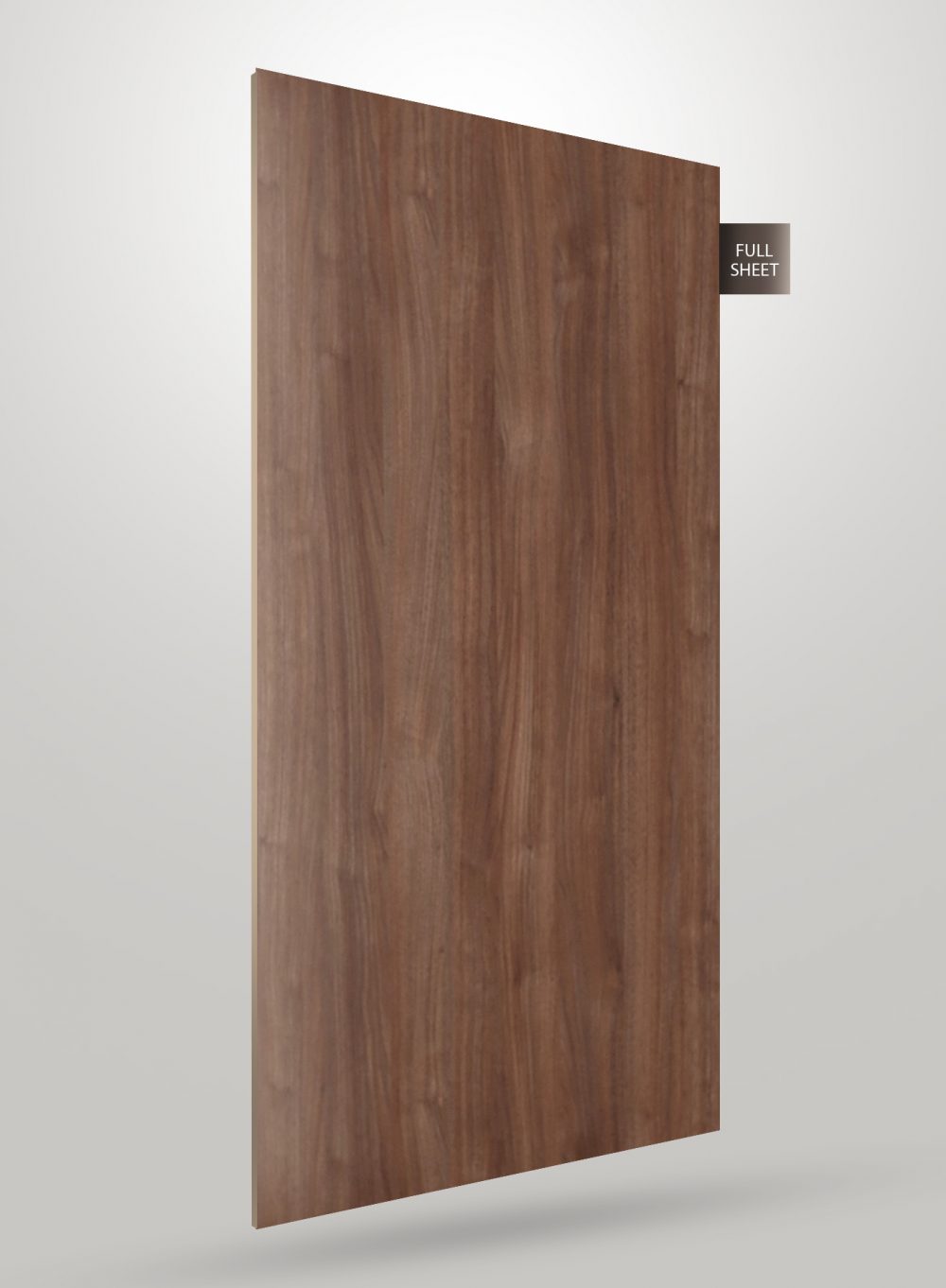 Brown wood grain decorative laminate with matte finish and visible wood texture, labeled full sheet.